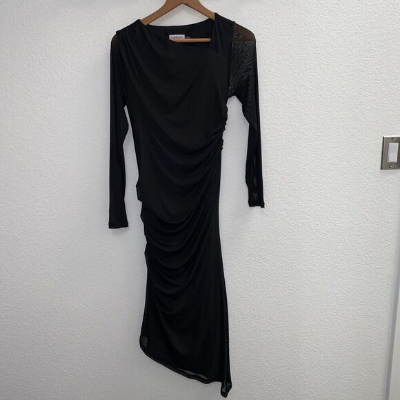 Calvin Klein Women's Asymmetric Hem Ruched Midi Black Sheath Dress Small - Picture 5 of 14
